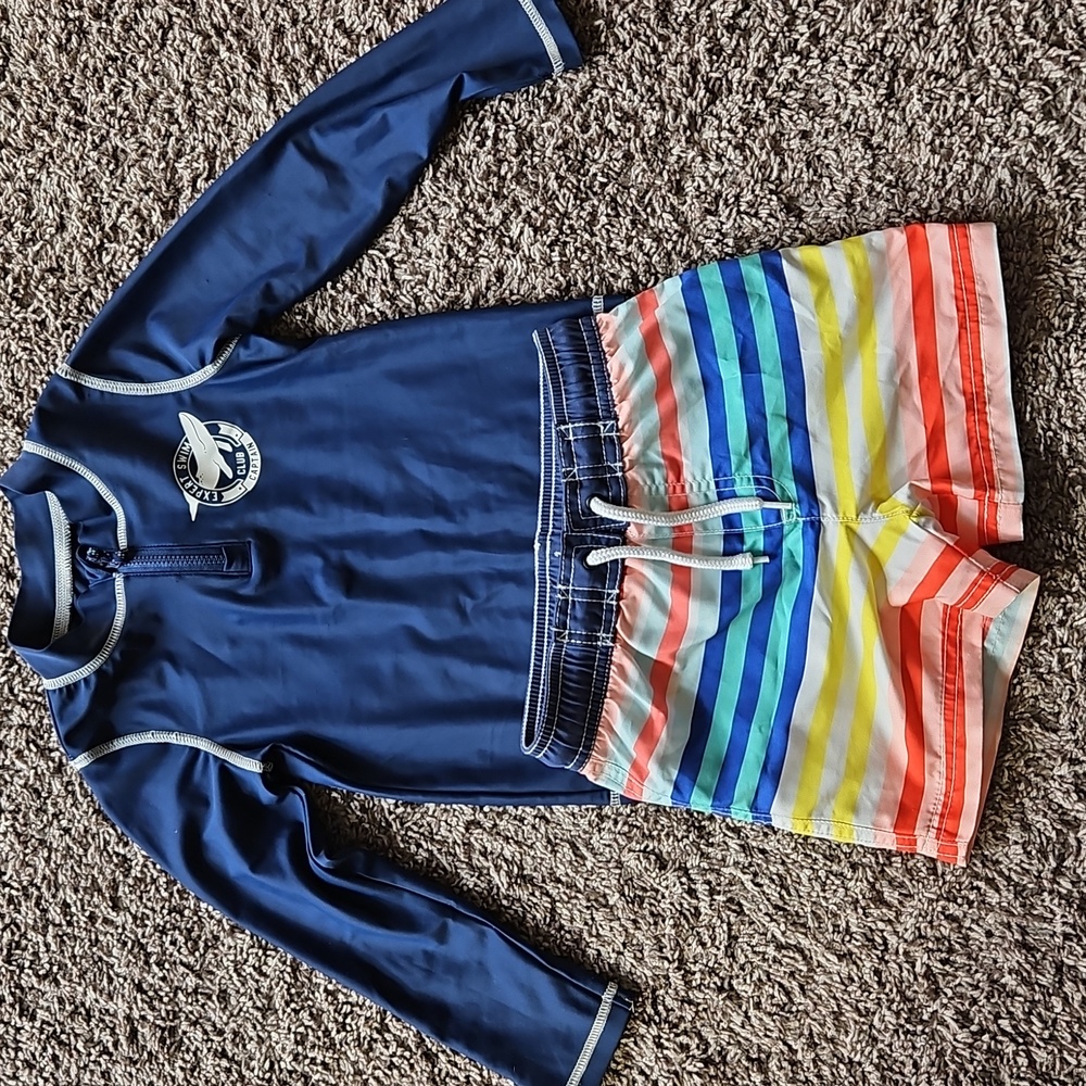 VGUC Carter's Blue Rainbow Stripe Swimsuit Rash Guard Set Size 24 Months